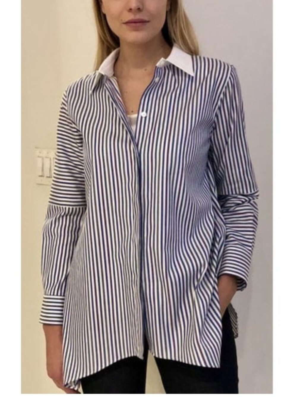 RANI ARABELLA Striped Cotton Button Down Shirt Blouse Multi Blue Stripes Size XL